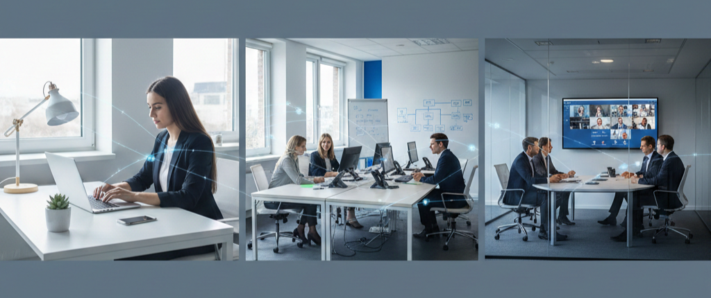 Tres imagenes: en la primera sale una mujer trabajando en su puesto con un portátil, en la segunda un grupo de tres personas en una reunión con sus ordenadores y teléfonos y en la tercera una reunión online de una corporación en la que aparecen cuatro personas sentadas y otras conectadas en videoconferencia en la pantalla grande