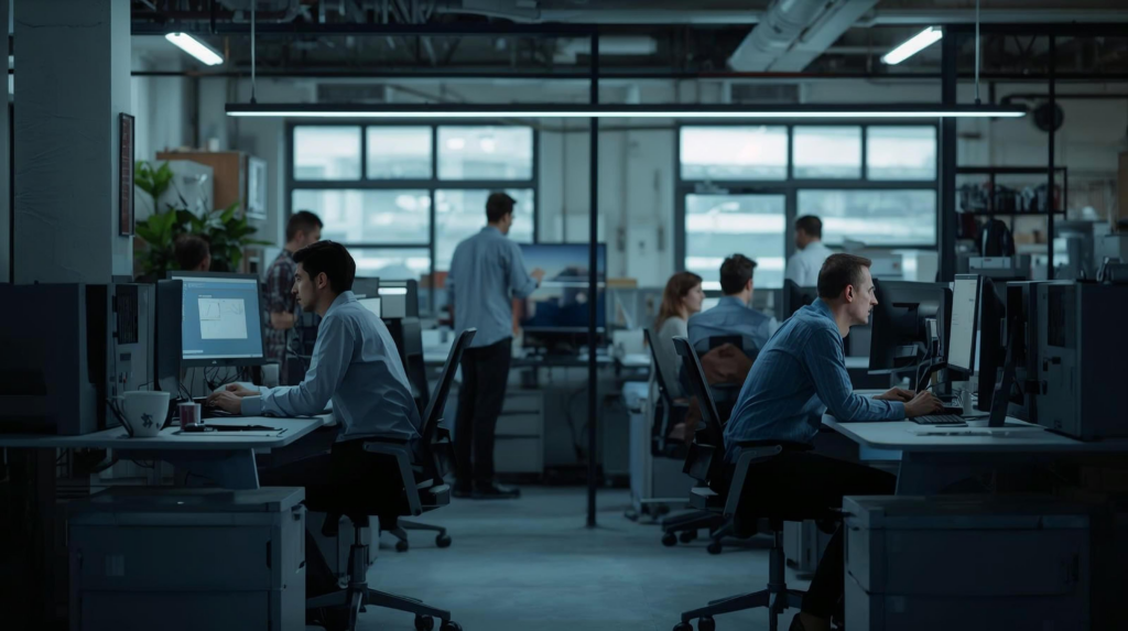 Oficina en la que aparecen personas trabajando en sus ordenadores solas y en grupo, delante de unos ventanales